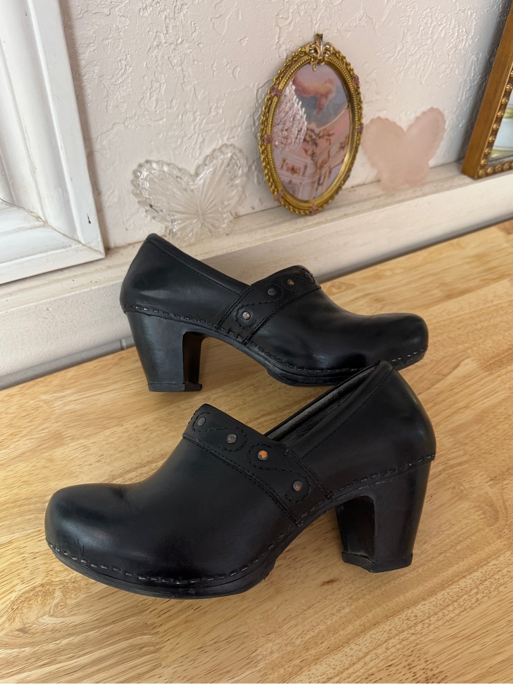 Dansko Black Leather Heeled Clogs EU 38 Y2K Comfort Core Mary Jane Pumps Indie